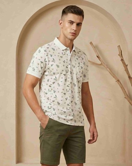 Men White Botanical Printed Polo T-Shirt | Mini Waffle Fabric