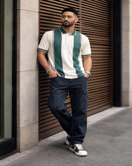 Men's Green Striped Polo Shirt with Light Tan Accents