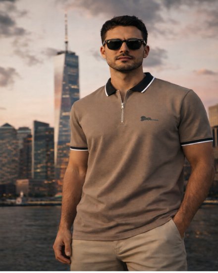 Men’s Charcoal Zip Polo T-Shirt with Contrast Collar