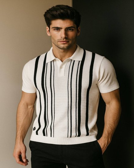 Men's White & Black Vertical Striped Polo Knit Shirt
