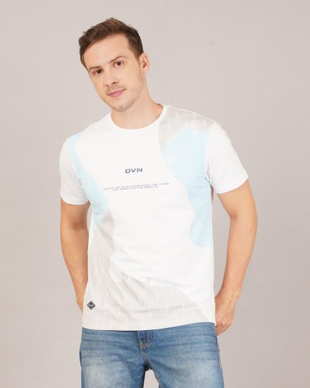 Men’s White & Blue Abstract Printed Round Neck T-Shirt
