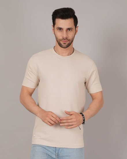 Beige Textured Crew-Neck T-Shirt
