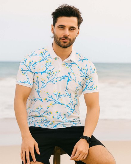 Men's White Floral Printed Polo T-Shirt