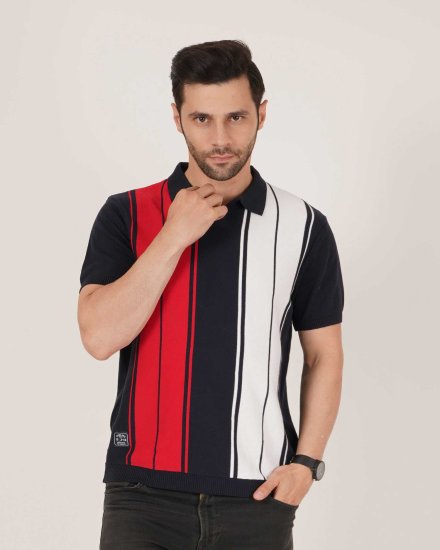 DAVNO Men’s Navy, Red & White Colorblock Striped Knitted Polo T-Shirt
