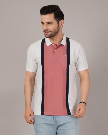 DAVNO Men’s Grey & Mauve Panelled Polo T-Shirt with Contrast Stripes