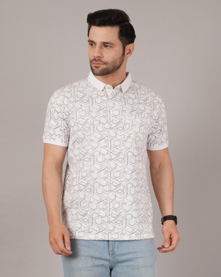 DAVNO Men’s White Geometric Printed Polo T-Shirt