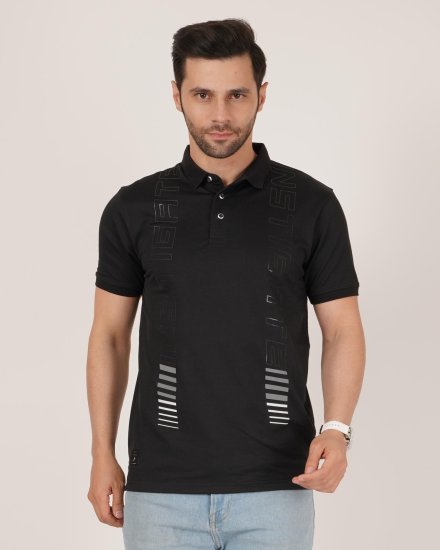 DAVNO Men’s Black Graphic Print Polo T-Shirt