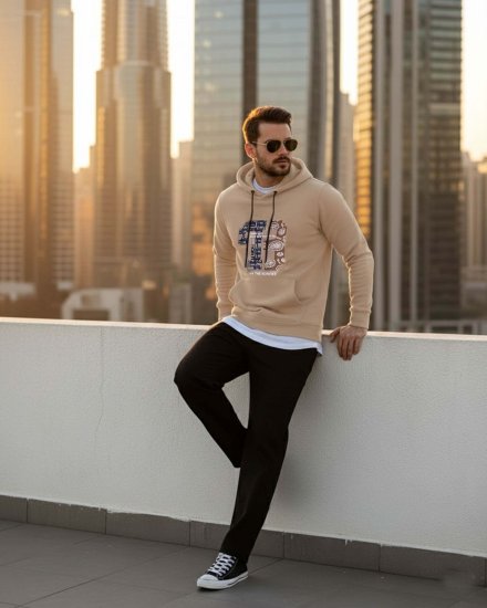 Men’s Beige Printed Hoodie – “Own the Moment” Edition
