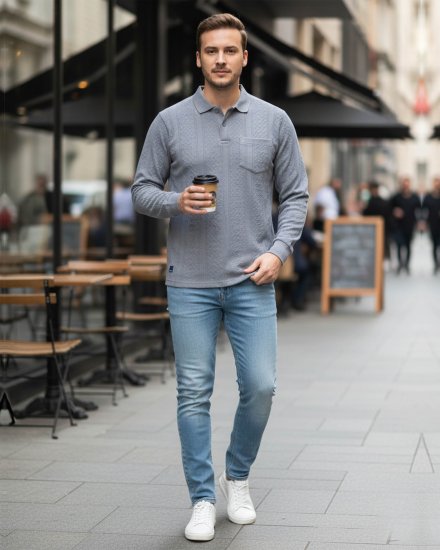 Men’s Grey Textured Full-Sleeve Polo T-Shirt