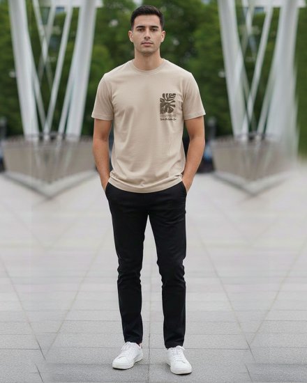 Men’s Premium Beige Botanical Printed Round Neck T-shirt