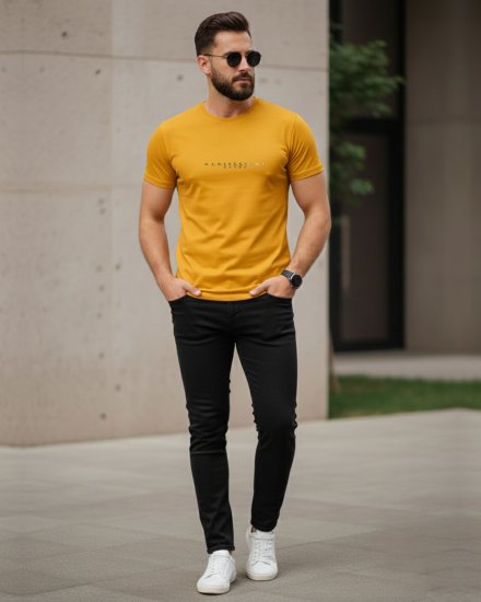 Men’s Premium Mustard Yellow Printed Round Neck T-Shirt