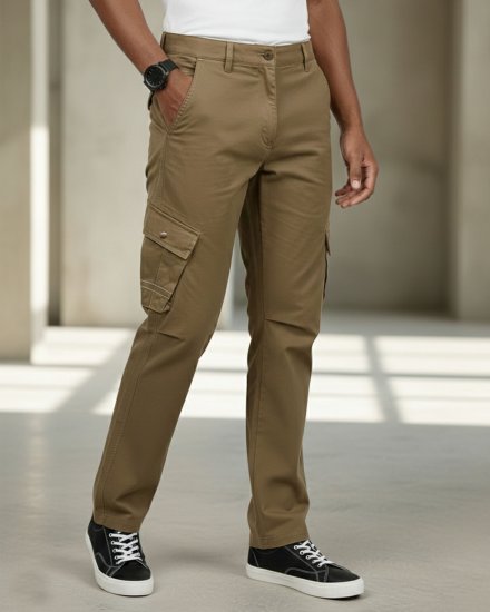 Men’s Premium Khaki Brown Regular Fit Mid Rise Cotton Cargo