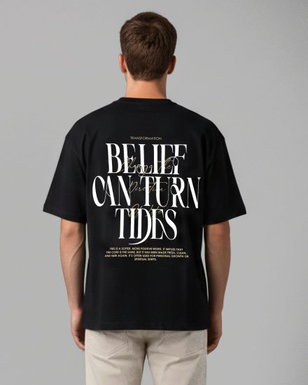 Men’s Premium Black Belief Can Turn Tides Graphic Print Oversized T-Shirt