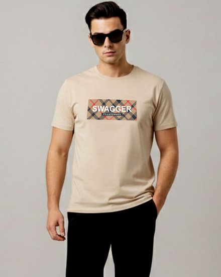 Men’s Premium Beige “SWAGGER” Graphic Print Round Neck T-Shirt.